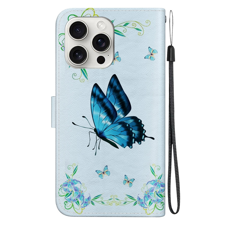 For iPhone 16 Pro Crystal Texture Colored Drawing Leather Phone Case(Blue Pansies) - iPhone 16 Pro Cases by buy2fix | Online Shopping UK | buy2fix