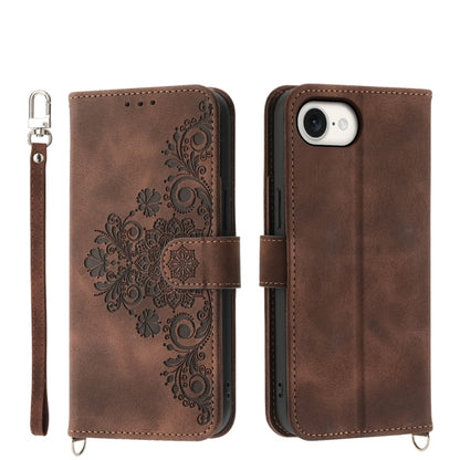 For iPhone SE 2024 Skin-feel Flowers Embossed Wallet Leather Phone Case(Brown) - More iPhone Cases by buy2fix | Online Shopping UK | buy2fix