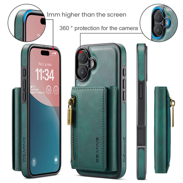 For iPhone 16 DG.MING M5 Series Zip RFID Multi Card Detachable Leather Phone Case(Green) - iPhone 16 Cases by DG.MING | Online Shopping UK | buy2fix