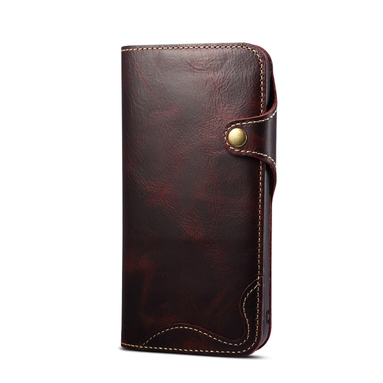 For iPhone 15 Pro Max Denior Oil Wax Cowhide Magnetic Button Genuine Leather Case(Dark Red) - iPhone 15 Pro Max Cases by Denior | Online Shopping UK | buy2fix