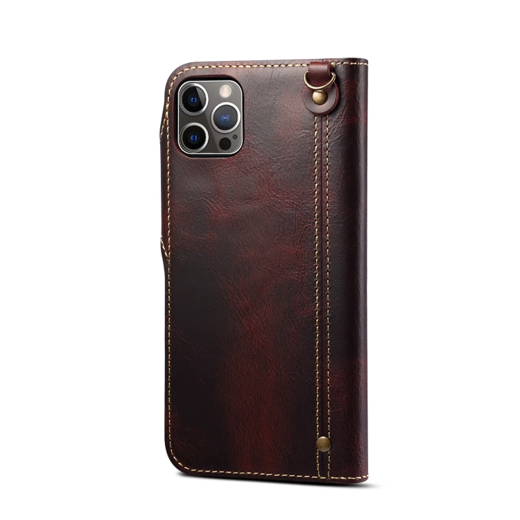 For iPhone 15 Pro Max Denior Oil Wax Cowhide Magnetic Button Genuine Leather Case(Dark Red) - iPhone 15 Pro Max Cases by Denior | Online Shopping UK | buy2fix