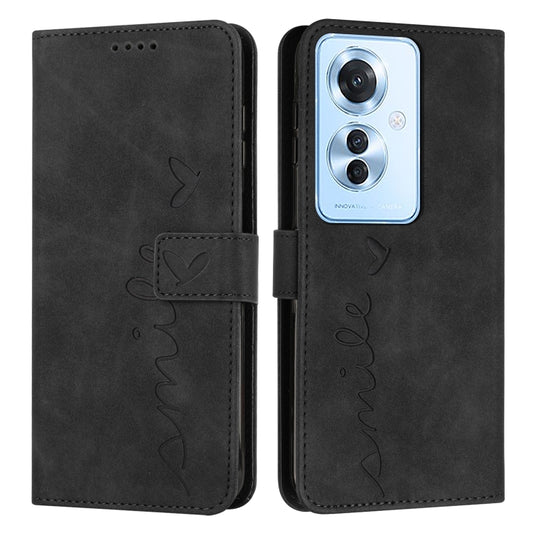 For OPPO Reno11 F Skin Feel Heart Embossed Leather Phone Case with Long Lanyard(Black) - Reno11 F Cases by buy2fix | Online Shopping UK | buy2fix