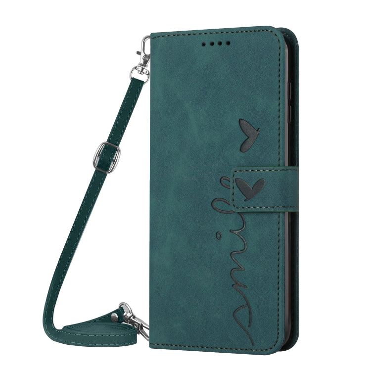 For Xiaomi Redmi K70 / K70 Pro Skin Feel Heart Embossed Leather Phone Case with Long Lanyard(Green) - K70 Pro Cases by buy2fix | Online Shopping UK | buy2fix