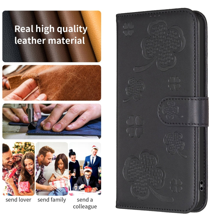 For iPhone 16 Plus Four-leaf Embossed Leather Phone Case(Black) - iPhone 16 Plus Cases by buy2fix | Online Shopping UK | buy2fix