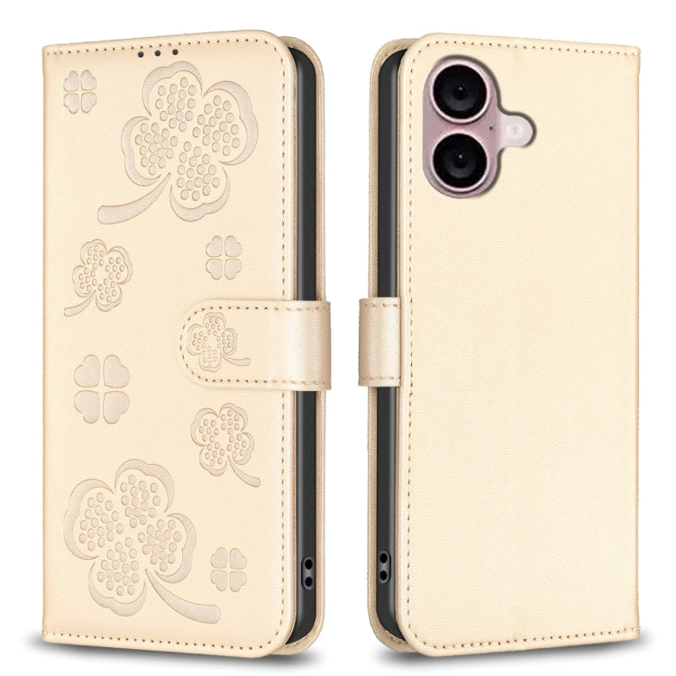 For iPhone 16 Plus Four-leaf Embossed Leather Phone Case(Gold) - iPhone 16 Plus Cases by buy2fix | Online Shopping UK | buy2fix