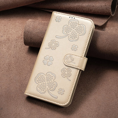 For iPhone 16 Plus Four-leaf Embossed Leather Phone Case(Gold) - iPhone 16 Plus Cases by buy2fix | Online Shopping UK | buy2fix