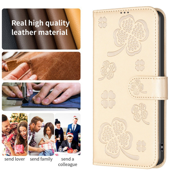 For iPhone 16 Plus Four-leaf Embossed Leather Phone Case(Gold) - iPhone 16 Plus Cases by buy2fix | Online Shopping UK | buy2fix