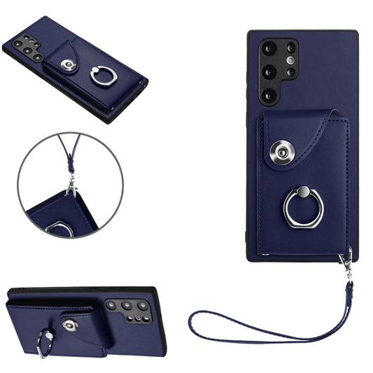 For Samsung Galaxy S22 Ultra 5G Organ Card Bag Ring Holder PU Phone Case with Lanyard(Blue) - Galaxy S22 Ultra 5G Cases by buy2fix | Online Shopping UK | buy2fix