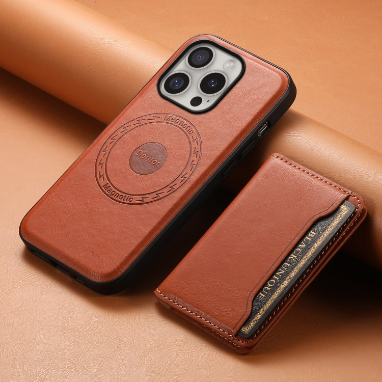 For iPhone 16 Pro Max Denior Cowhide Texture Leather MagSafe Detachable Wallet Phone Case(Brown) - iPhone 16 Pro Max Cases by Denior | Online Shopping UK | buy2fix