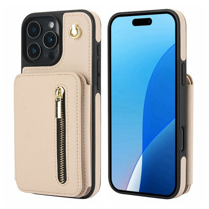 For iPhone 16 Pro YM006 Skin Feel Zipper Card Bag Phone Case with Dual Lanyard(Apricot) - iPhone 16 Pro Cases by buy2fix | Online Shopping UK | buy2fix