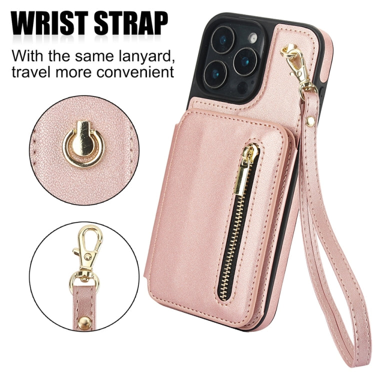 For iPhone 16 Pro YM006 Skin Feel Zipper Card Bag Phone Case with Dual Lanyard(Rose Gold) - iPhone 16 Pro Cases by buy2fix | Online Shopping UK | buy2fix