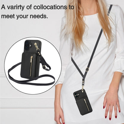 For iPhone 16 YM006 Skin Feel Zipper Card Bag Phone Case with Dual Lanyard(Black) - iPhone 16 Cases by buy2fix | Online Shopping UK | buy2fix