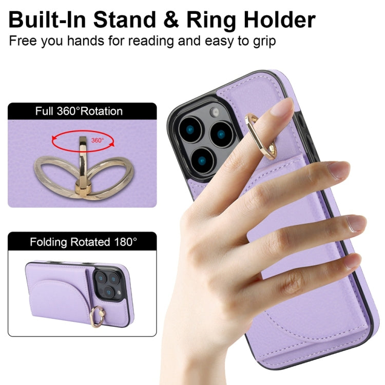 For iPhone 16 Pro YM007 Ring Holder Card Bag Skin Feel Phone Case(Purple) - iPhone 16 Pro Cases by buy2fix | Online Shopping UK | buy2fix