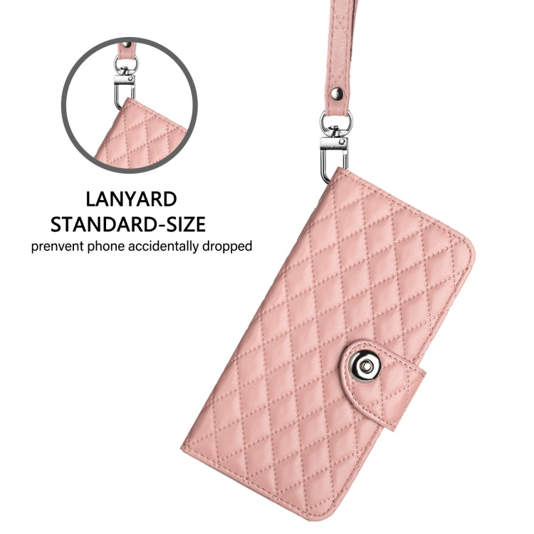 For iPhone 16 Pro Max Rhombic Texture Flip Leather Phone Case with Lanyard(Coral Pink) - iPhone 16 Pro Max Cases by buy2fix | Online Shopping UK | buy2fix