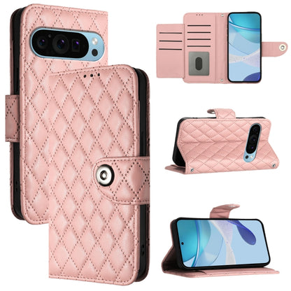 For Google Pixel 9 / Pixel 9 Pro Rhombic Texture Flip Leather Phone Case with Lanyard(Coral Pink) - Google Cases by buy2fix | Online Shopping UK | buy2fix