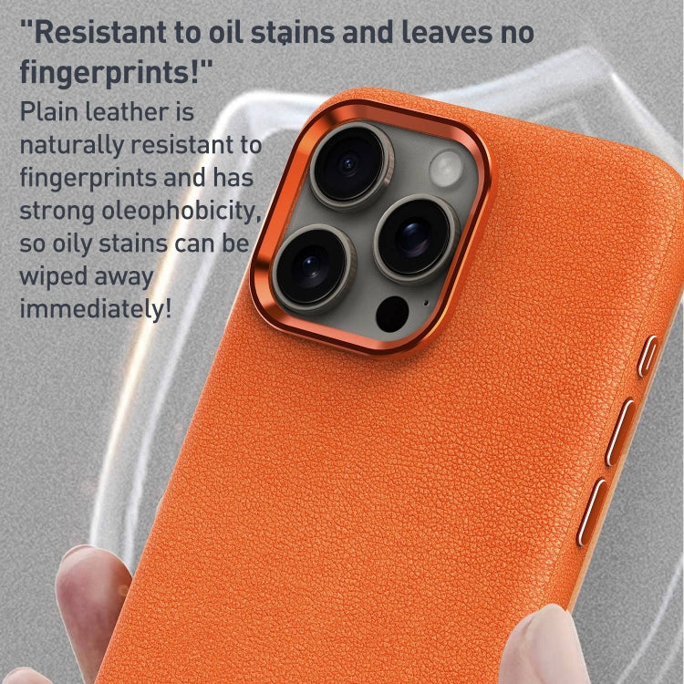 For iPhone 14 Metal Lens Frame Leather Magsafe Full Coverage Shockproof Phone Case(Orange) - iPhone 14 Cases by buy2fix | Online Shopping UK | buy2fix