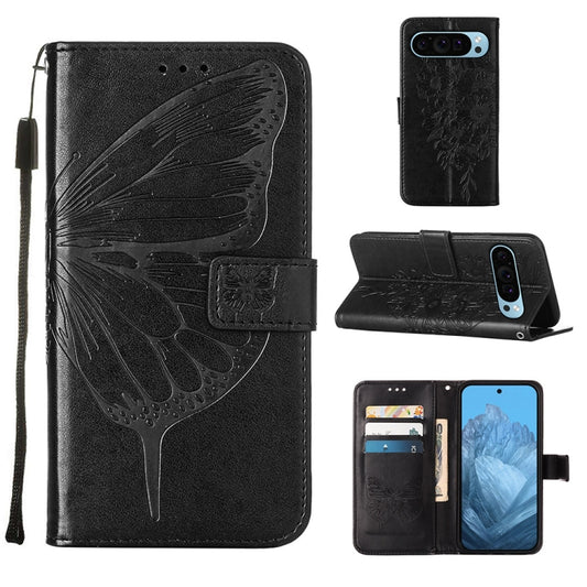 For Google Pixel 9 Embossed Butterfly Leather Phone Case(Black) - Google Cases by buy2fix | Online Shopping UK | buy2fix