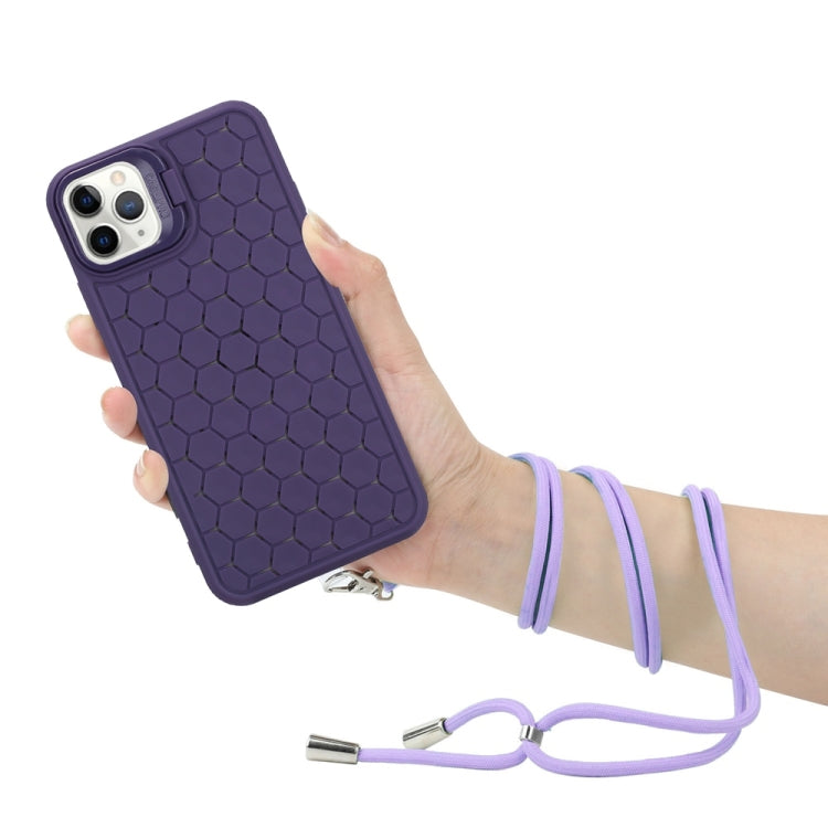 For iPhone 16 Pro Honeycomb Radiating Lens Holder Magsafe Phone Case with Lanyard(Purple) - iPhone 16 Pro Cases by buy2fix | Online Shopping UK | buy2fix