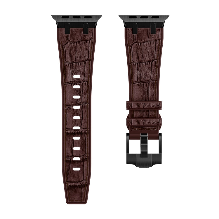 For Apple Watch Series 8 45mm Crocodile Texture Liquid Silicone Watch Band(Black Dark Brown) - Watch Bands by buy2fix | Online Shopping UK | buy2fix