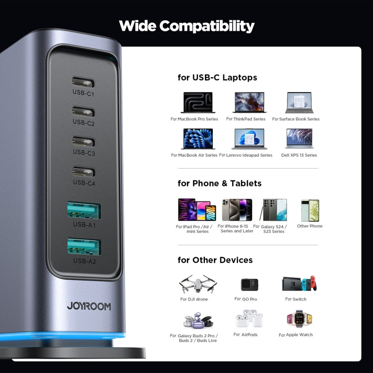 JOYROOM JR-TCM02 6 in 1 65W GaN 4 USB-C & 2 USB-A Multi-port Charger, Power Plug:EU Plug(Dark Gray) - Multifunction Charger by JOYROOM | Online Shopping UK | buy2fix