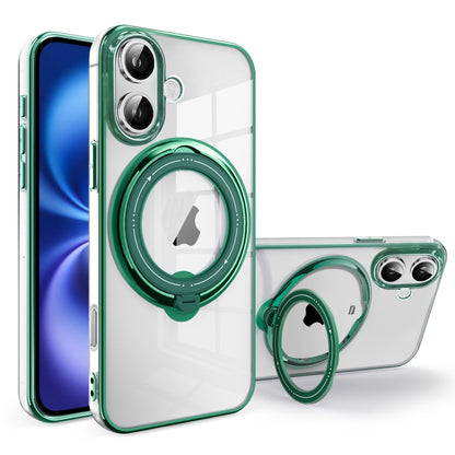 For iPhone 16 Plus Electroplating MagSafe 360 Degree Rotation Holder Shockproof Phone Case(Dark Green) - iPhone 16 Plus Cases by buy2fix | Online Shopping UK | buy2fix