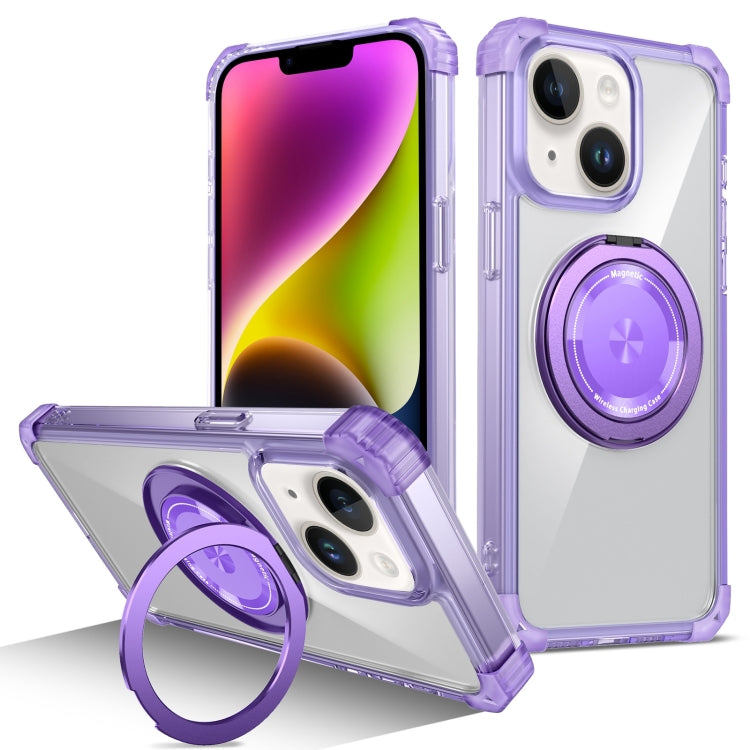 For iPhone 14 Gold Shield CD Pattern MagSafe Magnetic Phone Case with Rotating Stand(Transparent Purple) - iPhone 14 Cases by buy2fix | Online Shopping UK | buy2fix