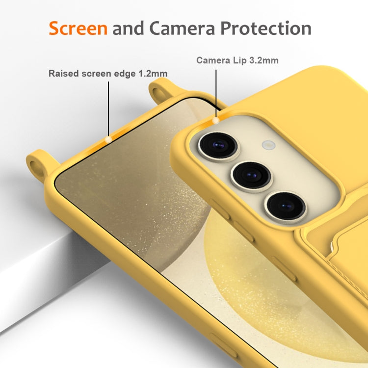 For Samsung Galaxy S24 5G Integrated Card Bag Solid Color Liquid Silicone Phone Case with Lanyard(Yellow) - Galaxy S24 5G Cases by buy2fix | Online Shopping UK | buy2fix