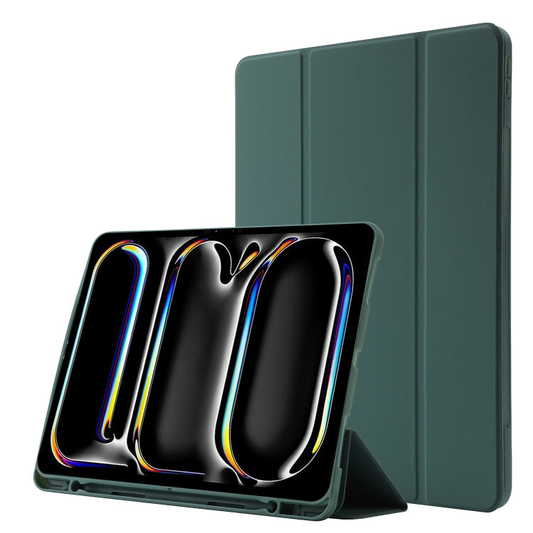 For iPad Pro 13 2024 Skin Feel Tri-fold Leather Tablet Case with Pen Slot(Dark Green) - iPad Pro 13 2024 Cases by buy2fix | Online Shopping UK | buy2fix