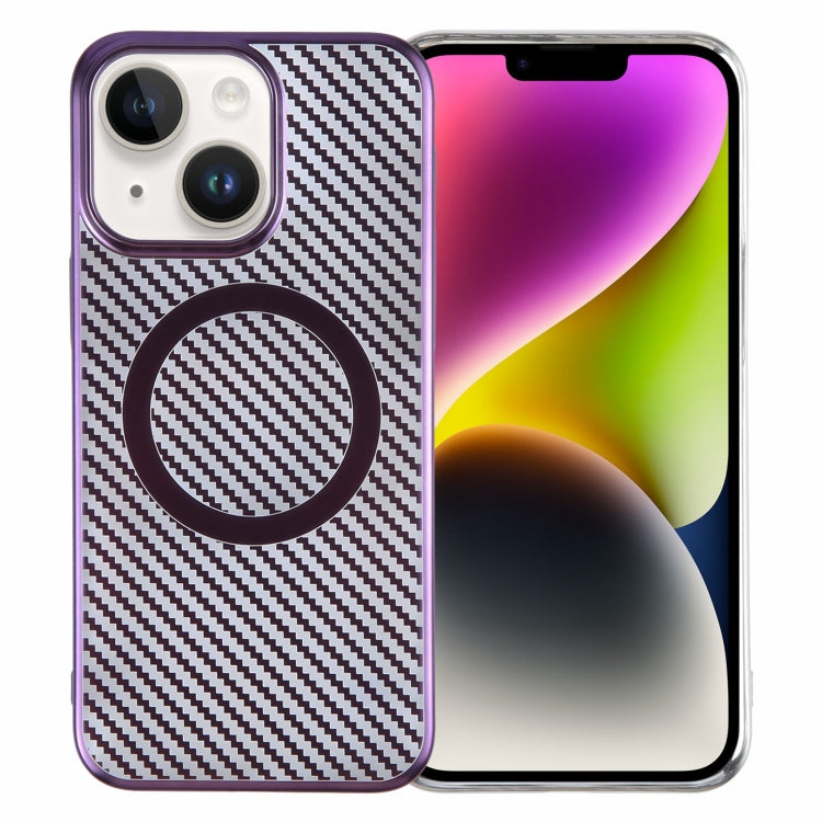 For iPhone 14 6D Plated Carbon Fiber Clear Magsafe PC Phone Case(Aurora Purple) - iPhone 14 Cases by buy2fix | Online Shopping UK | buy2fix