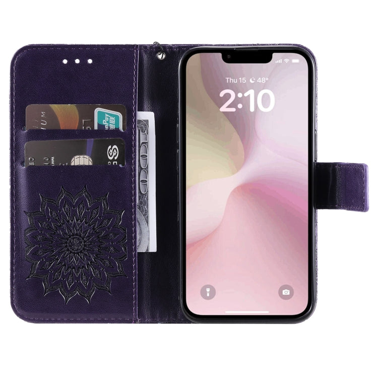 For iPhone SE 2024 Embossed Sunflower Pattern Flip Leather Phone Case(Purple) - More iPhone Cases by buy2fix | Online Shopping UK | buy2fix