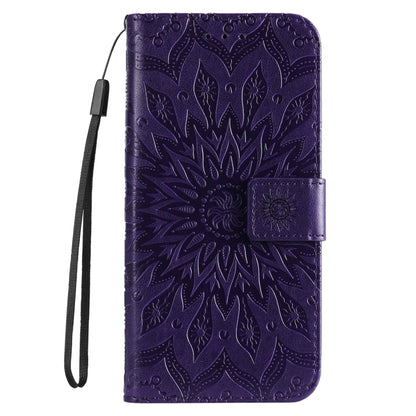 For iPhone 16 Pro Embossed Sunflower Pattern Flip Leather Phone Case(Purple) - iPhone 16 Pro Cases by buy2fix | Online Shopping UK | buy2fix