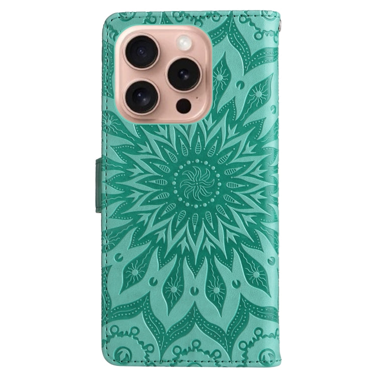 For iPhone 16 Pro Embossed Sunflower Pattern Flip Leather Phone Case(Green) - iPhone 16 Pro Cases by buy2fix | Online Shopping UK | buy2fix