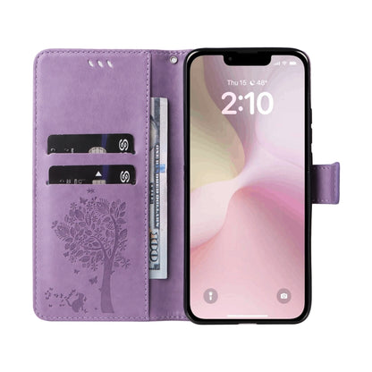 For iPhone SE 2024 Tree & Cat Embossed Pattern Flip Leather Phone Case(Light Purple) - More iPhone Cases by buy2fix | Online Shopping UK | buy2fix