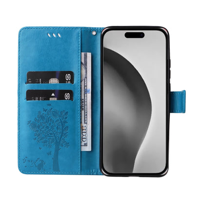 For iPhone 16 Pro Max Tree & Cat Embossed Pattern Flip Leather Phone Case(Blue) - iPhone 16 Pro Max Cases by buy2fix | Online Shopping UK | buy2fix