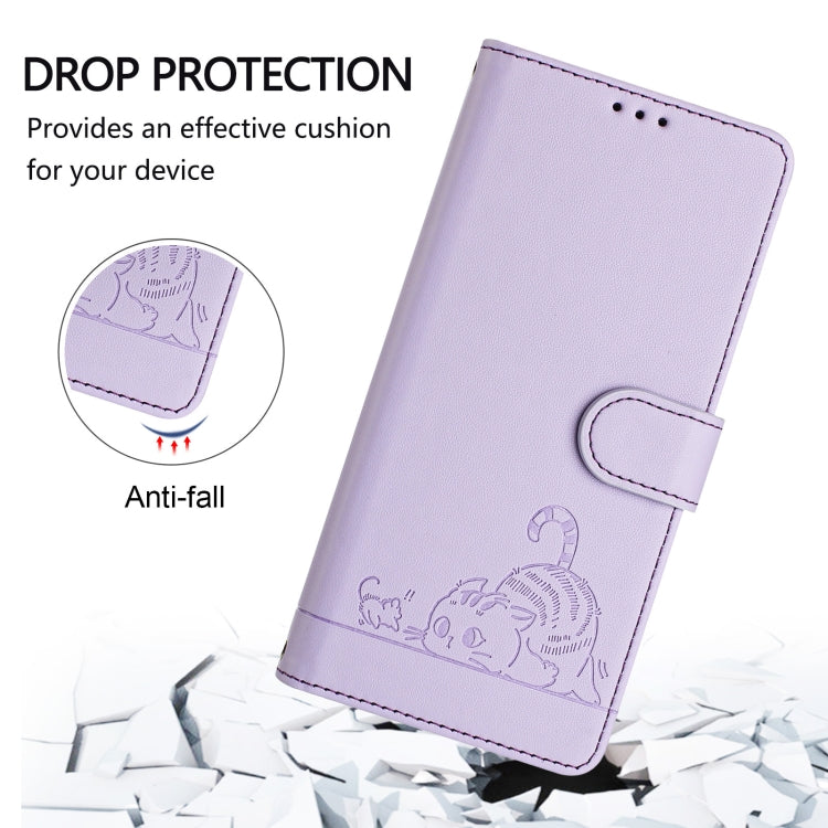 For Motorola Moto G Play 4G 2024 Global Cat Rat Embossed Pattern RFID Leather Phone Case with Lanyard(Purple) - Motorola Cases by buy2fix | Online Shopping UK | buy2fix