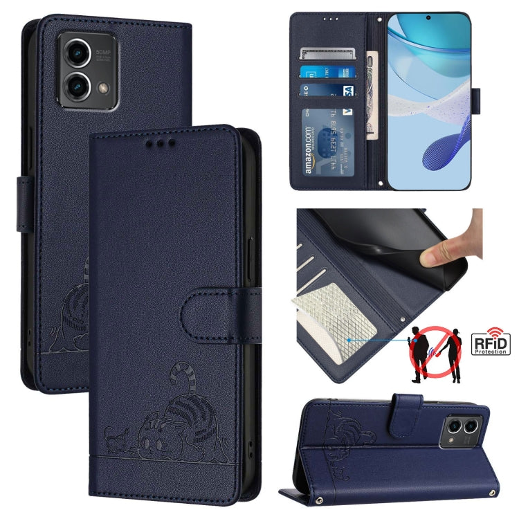 For Motorola Moto G Stylus 5G 2024 Cat Rat Embossed Pattern RFID Leather Phone Case with Lanyard(Blue) - Motorola Cases by buy2fix | Online Shopping UK | buy2fix