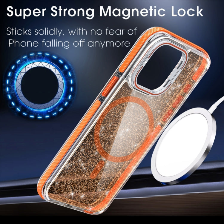 For iPhone 15 Pro Two-color Glitter Powder Lens Holder Magsafe Phone Case(Orange) - iPhone 15 Pro Cases by buy2fix | Online Shopping UK | buy2fix