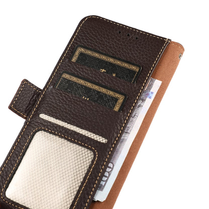 For iPhone 16 KHAZNEH Side-Magnetic Litchi Genuine Leather RFID Case(Brown) - iPhone 16 Cases by buy2fix | Online Shopping UK | buy2fix