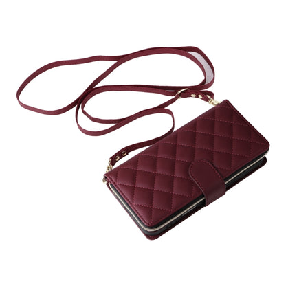 For iPhone 16 Plus Crossbody Rhombic Zipper Tower Buckle Leather Phone Case with Lanyard(Wine Red) - iPhone 16 Plus Cases by buy2fix | Online Shopping UK | buy2fix