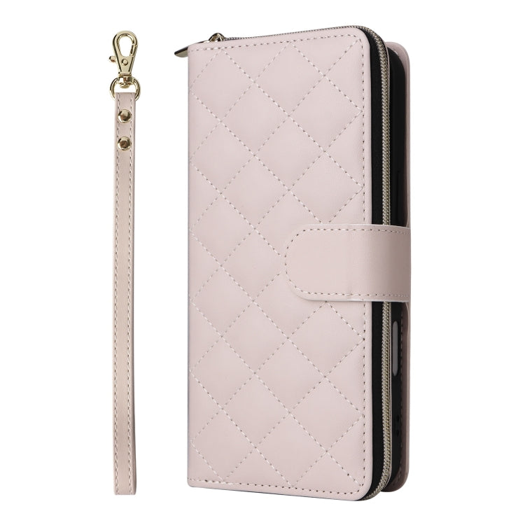 For iPhone 16 Crossbody Rhombic Zipper Tower Buckle Leather Phone Case with Lanyard(Beige) - iPhone 16 Cases by buy2fix | Online Shopping UK | buy2fix