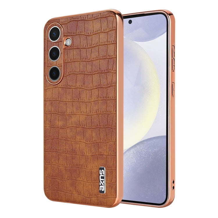 For Samsung Galaxy S24 5G AZNS Electroplated Frame Crocodile Texture Full Coverage Phone Case(Brown) - Galaxy S24 5G Cases by AZNS | Online Shopping UK | buy2fix