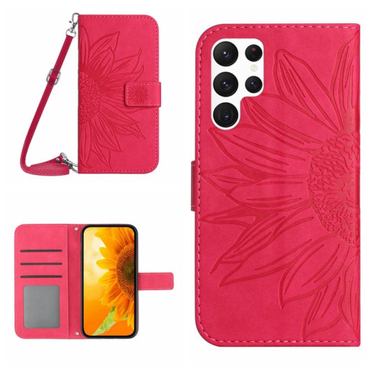 For Samsung Galaxy S25 Ultra 5G Skin Feel Sun Flower Embossed Flip Leather Phone Case with Lanyard(Rose Red) - Galaxy S25 Ultra 5G Cases by buy2fix | Online Shopping UK | buy2fix