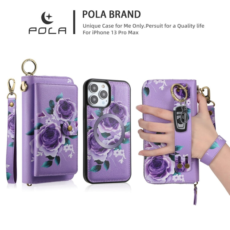 For iPhone 13 Pro Max POLA MagSafe Flower Multi-functional Zipper Wallet Leather Phone Case(Purple) - iPhone 13 Pro Max Cases by buy2fix | Online Shopping UK | buy2fix