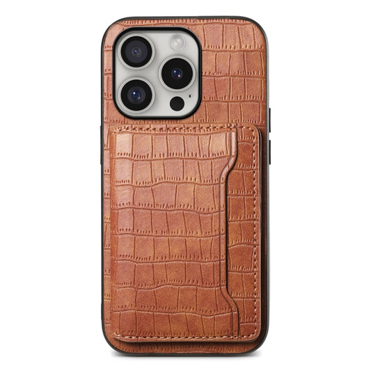 For iPhone 16 Pro Crocodile Texture Card Bag Design Full Coverage Phone Case(Brown) - iPhone 16 Pro Cases by buy2fix | Online Shopping UK | buy2fix