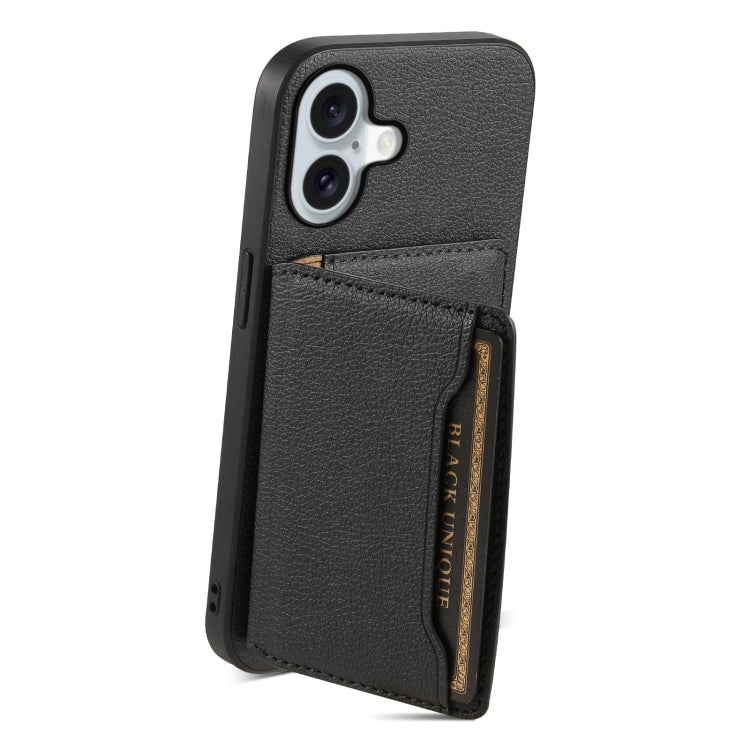 For iPhone 16 Calf Texture Card Bag Design Full Coverage Phone Case(Black) - iPhone 16 Cases by buy2fix | Online Shopping UK | buy2fix