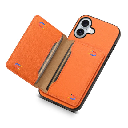 For iPhone 16 Plus Calf Texture Card Bag Design Full Coverage Phone Case(Orange) - iPhone 16 Plus Cases by buy2fix | Online Shopping UK | buy2fix