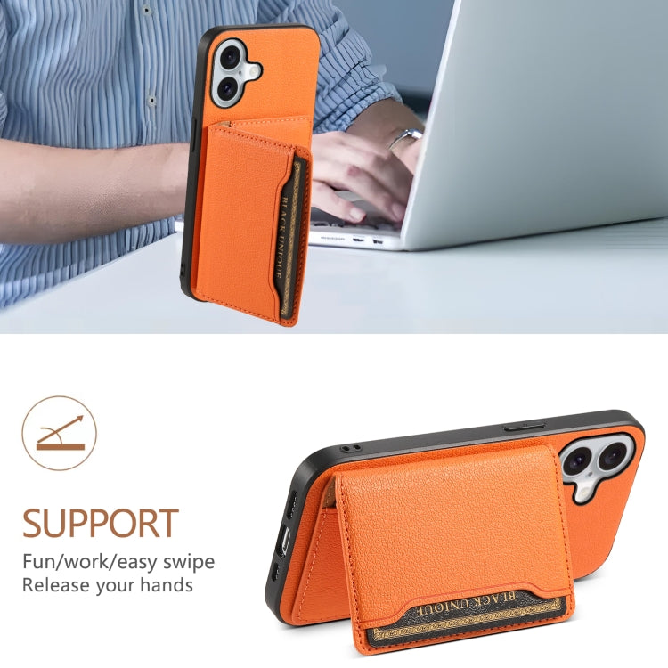 For iPhone 16 Plus Calf Texture Card Bag Design Full Coverage Phone Case(Orange) - iPhone 16 Plus Cases by buy2fix | Online Shopping UK | buy2fix