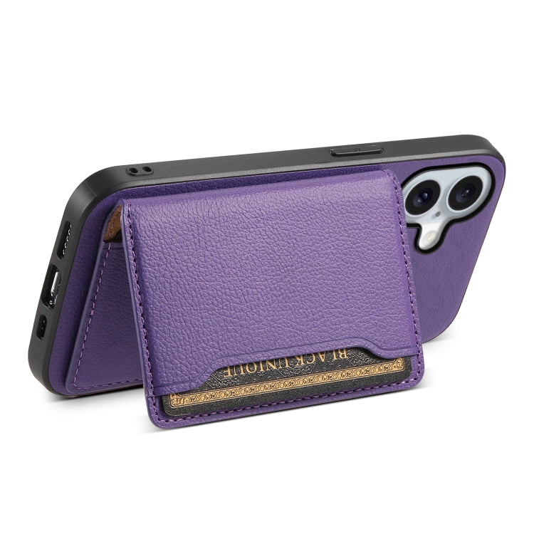 For iPhone 16 Plus Calf Texture Card Bag Design Full Coverage Phone Case(Purple) - iPhone 16 Plus Cases by buy2fix | Online Shopping UK | buy2fix