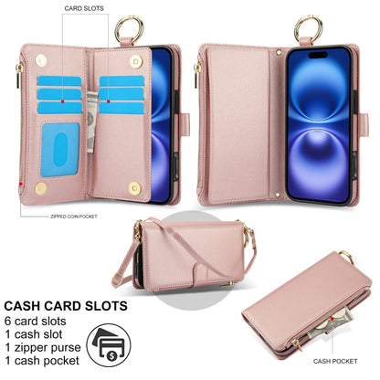 For iPhone 16 Plus Crossbody Ring Multifunctional Wallet Leather Phone Case(Rose Gold) - iPhone 16 Plus Cases by buy2fix | Online Shopping UK | buy2fix