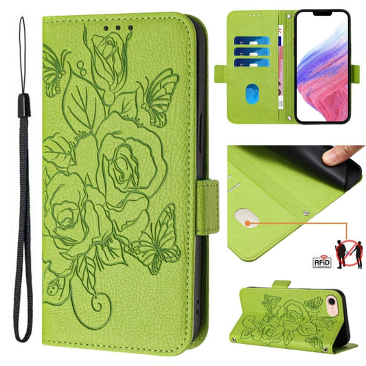 For iPhone SE 2024 Embossed Rose RFID Anti-theft Leather Phone Case(Green) - More iPhone Cases by buy2fix | Online Shopping UK | buy2fix